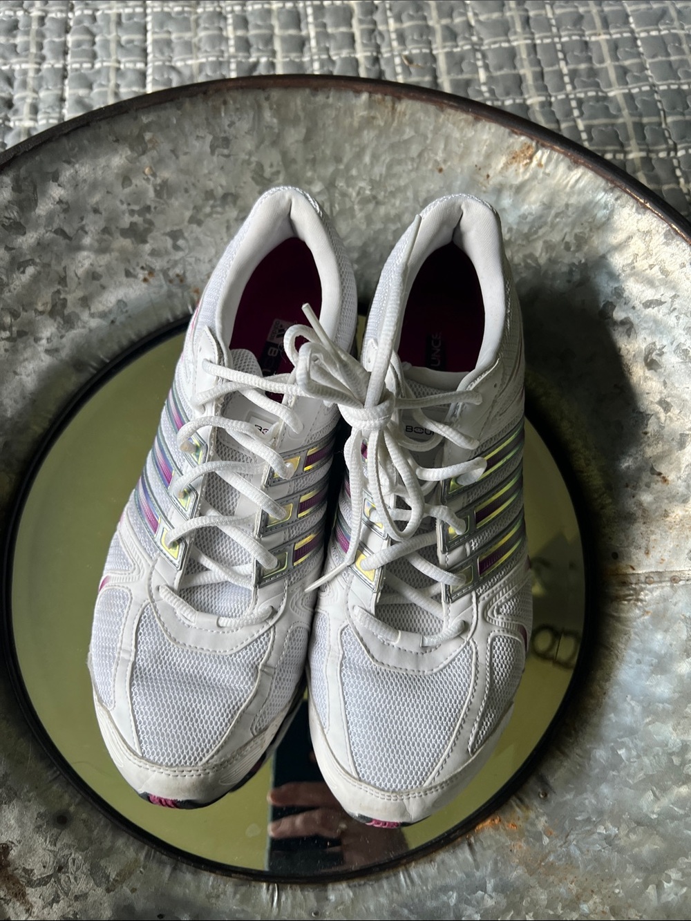 adidas White Women's Athletic Sneakers with Iridescent Stripe Accents